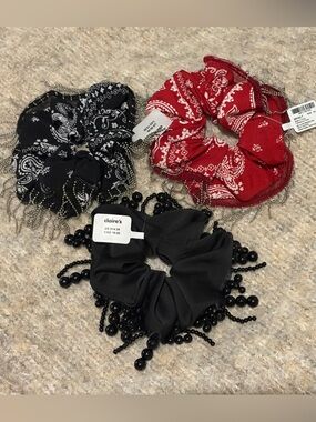 Edgy Y2K Hair Scrunchie Bundle 🖤 Bandana Print + Beaded Fringe | Alt Grunge